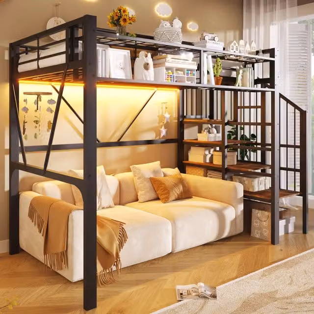 Letto a soppalco singolo MIVRAY in metallo e MDF nero con scala a ripiani, illuminazione LED e vani laterali, L/P/H: 200 x 90 x 170 cm