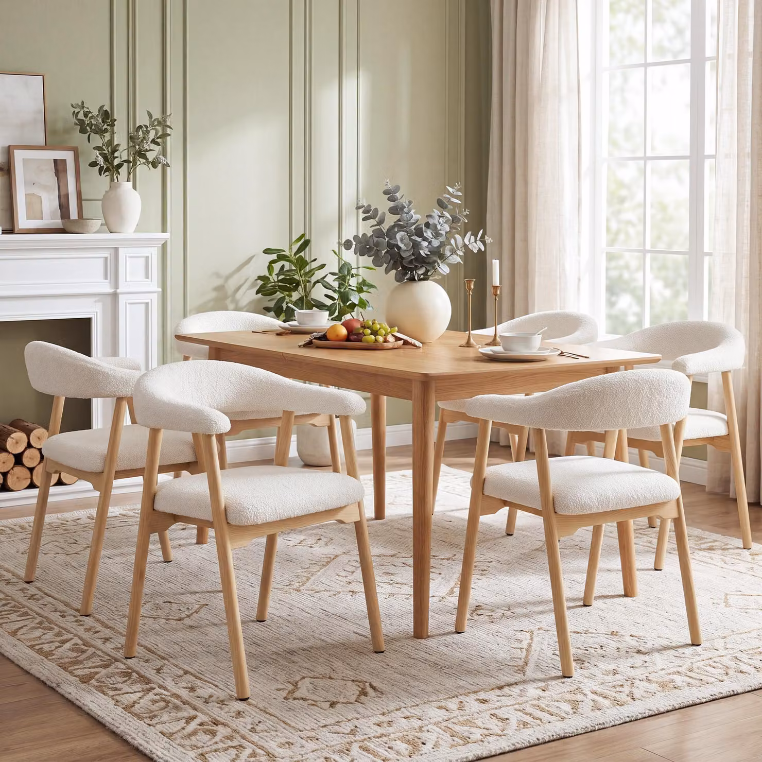 Set di 6 sedie da pranzo Flieks in legno massello, adatte perda pranzo, soggiorni, caffè, con rivestimento in tessuto boucle, sedie imbottite, sedie da cucina, colore legno naturale e beige