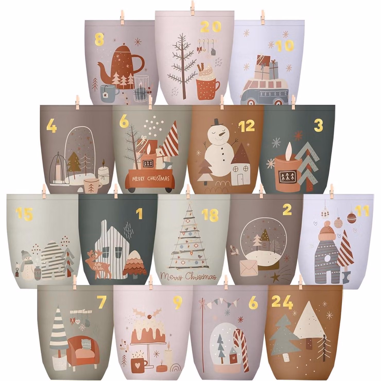 Calendario dell'Avvento da riempire: 24 sacchetti di carta con graffette di legno