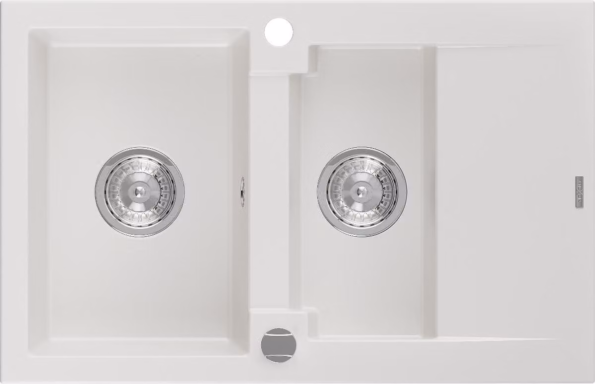 Mexen Gaspar lavello in granito 1,5 vasca con sgocciolatoio 737 x 475 mm, bianco, sifone cromo - 6507731505-20
