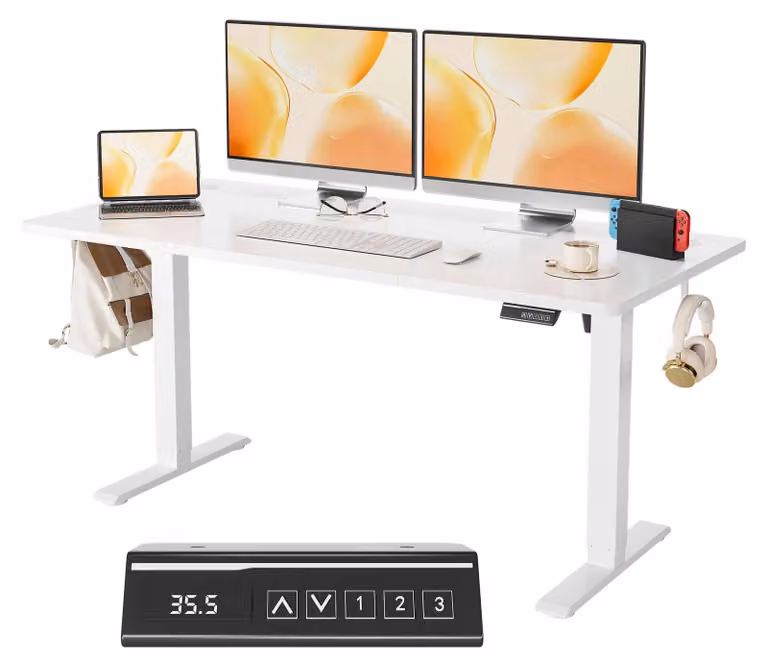 Scrivania regolabile in altezza elettricamente - Scrivania sit-stand - Funzione memoria - Piano da 120x60 cm - Rettangolare - Struttura in metallo, piano in legno