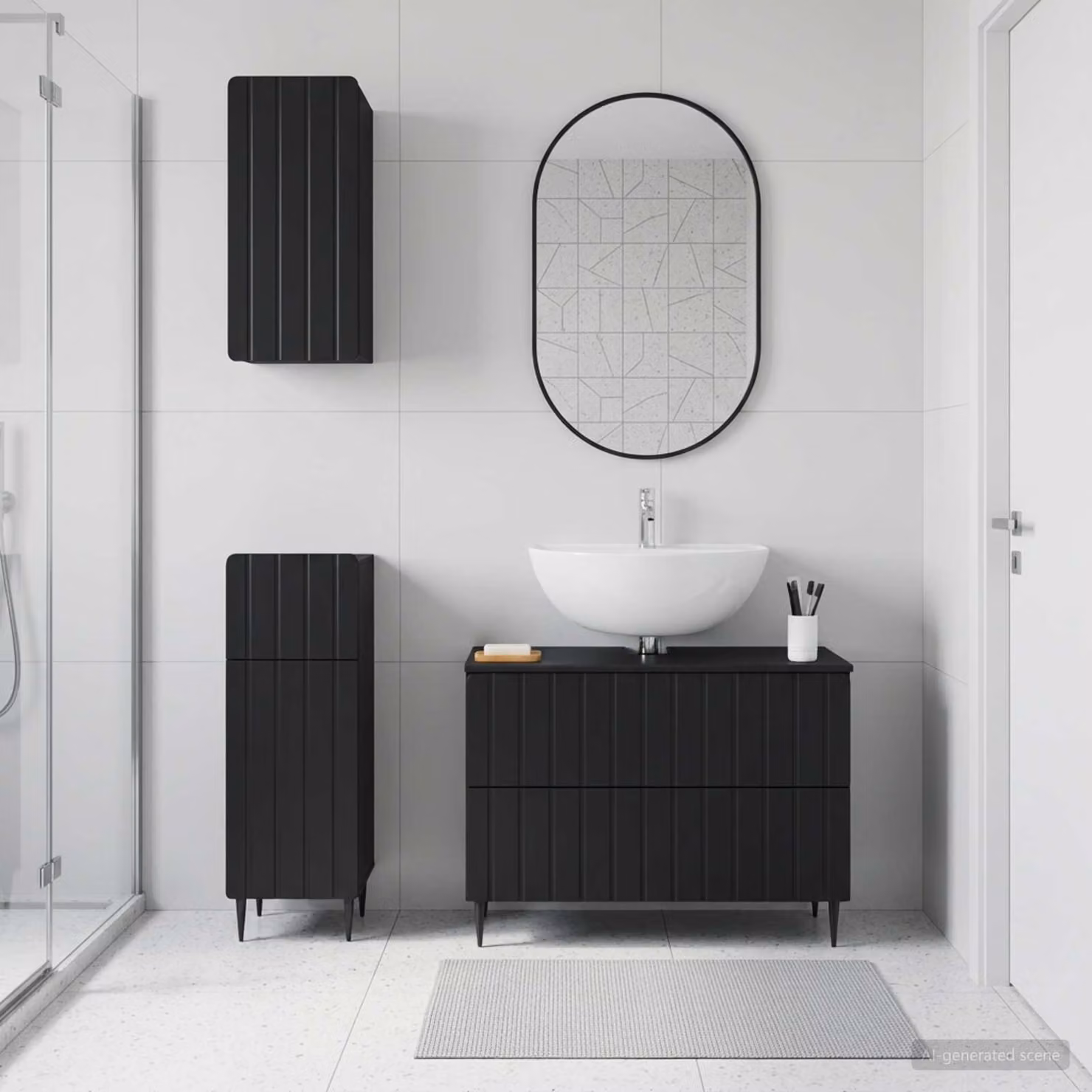 Set di armadietti da bagno vidaXL ZWOLLE in 3 pezzi, design minimalista nero opaco con mobile lavabo e pensili a muro