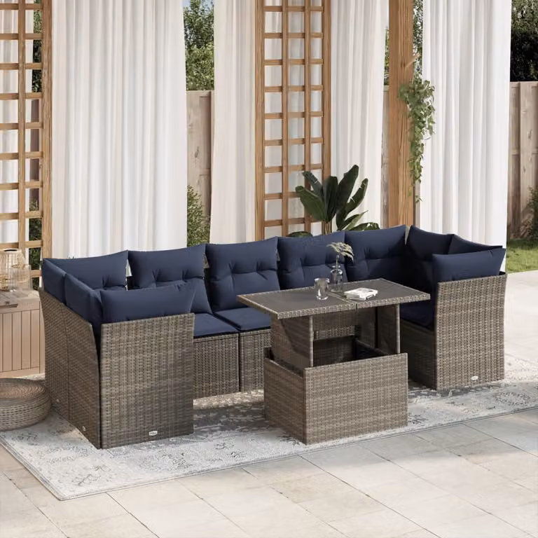 Set di divani da giardino vidaXL 8 pezzi con cuscini e tavolino, design moderno a forma di L, colore grigio e blu con struttura in metallo e rattan