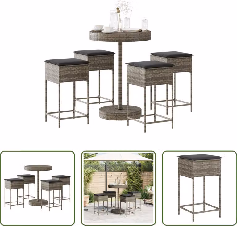 The Living Store Set bar da giardino 5 pezzi con cuscini in poly rattan grigio