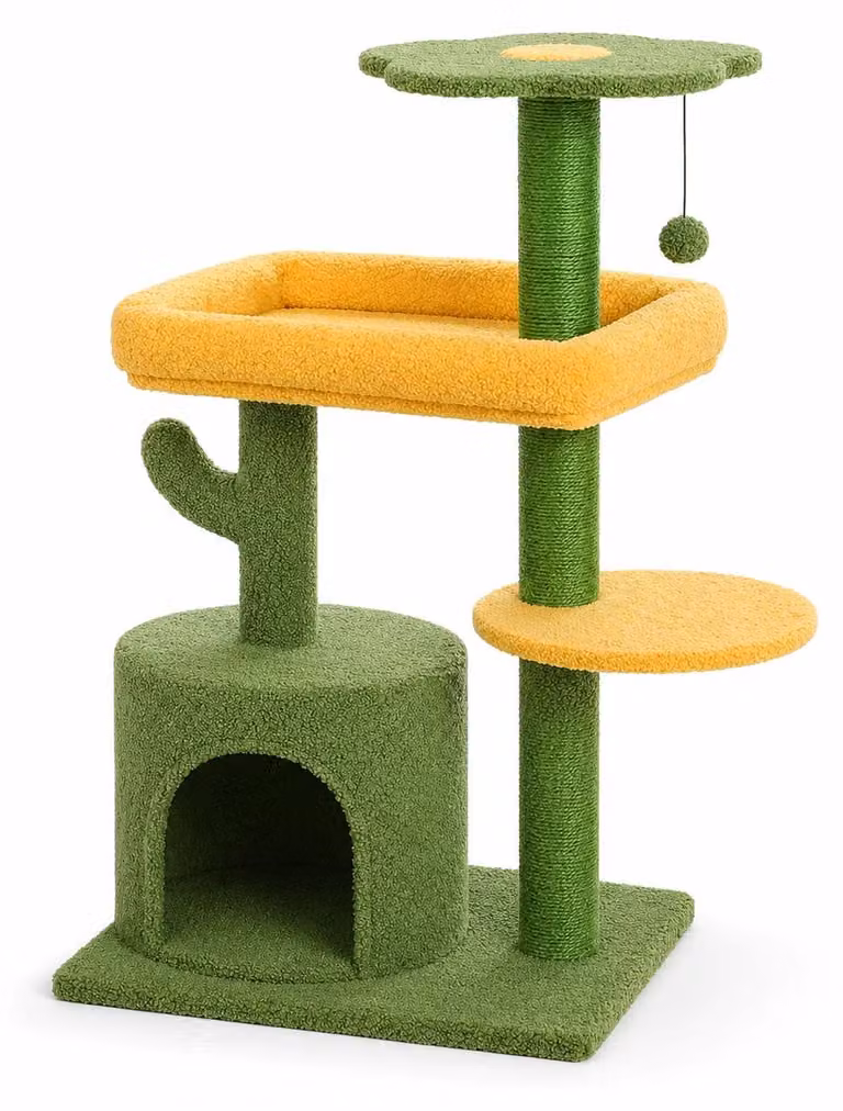 Kaktus Katzenbaum: tiragraffi a 4 piani per gatti domestici, di dimensioni contenute, con una cuccia, una piattaforma panoramica e un letto. Include pali per grattare e un giocattolo a forma di palla. Colore: verde