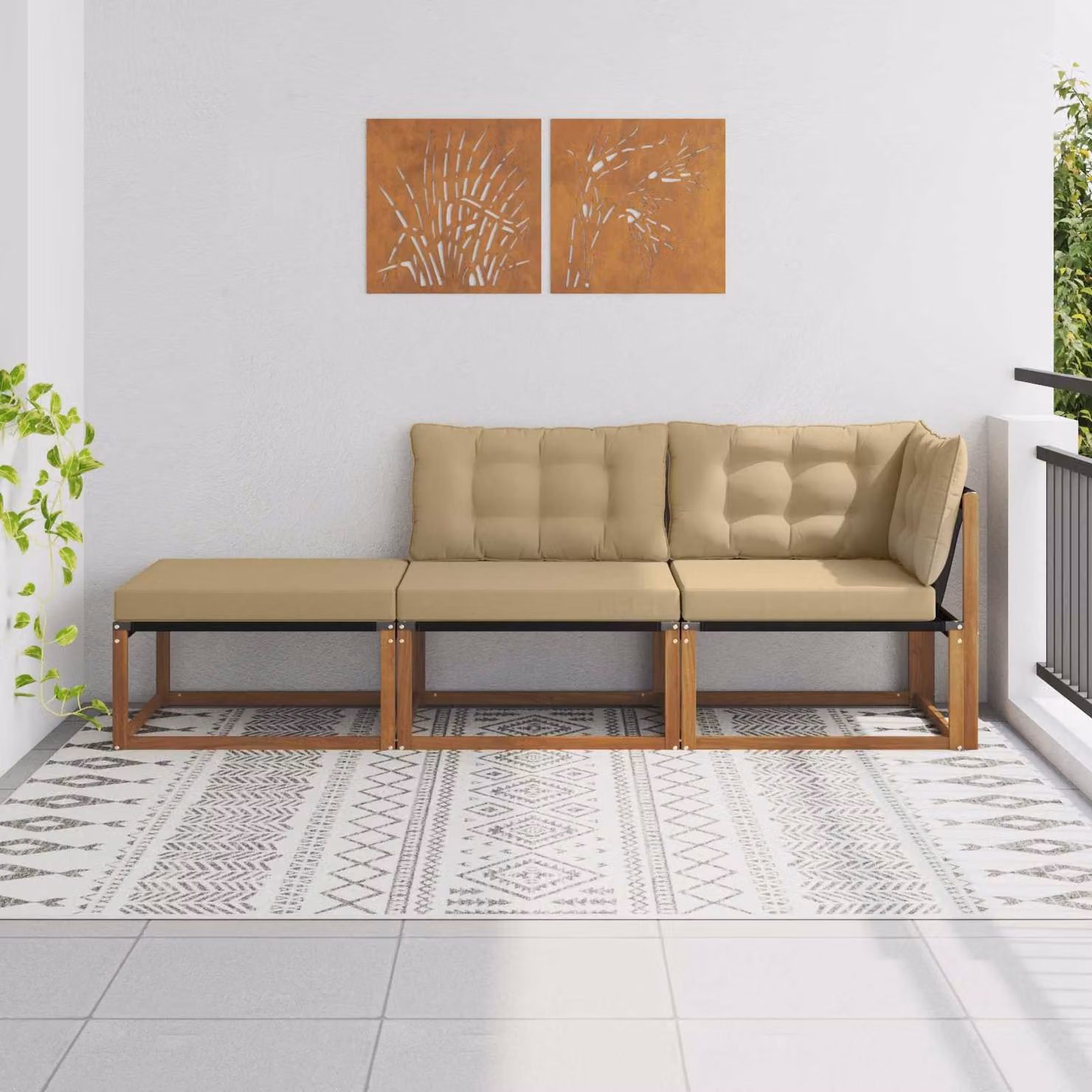 Set di divano da esterno modulare vidaXL a forma di L con pouf, struttura in legno di acacia trattato e cuscini in tessuto beige e marrone