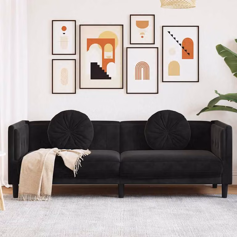 vidaXL Divano a 3 Posti Moderno in Velluto Nero con Cuscini e Struttura in Legno L: 193.5 cm x P: 70 cm x H: 77 cm