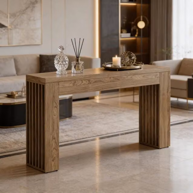 Tavolo consolle ULEVR 150 cm in MDF marrone effetto legno, con dettagli laterali a lamelle