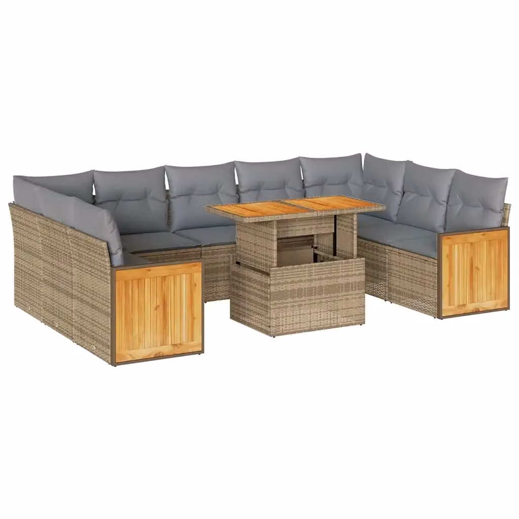 Set da giardino vidaXL a forma di U composto da 10 pezzi in polyrattan e legno di acacia con cuscini beige e grigi – 2