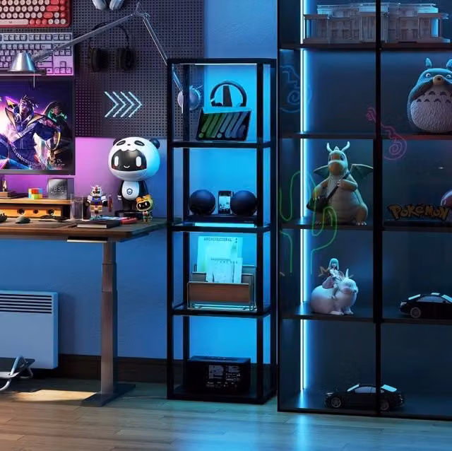 Lampada da terra LED RGB con ripiani in vetro e legno, colore nero, con telecomando