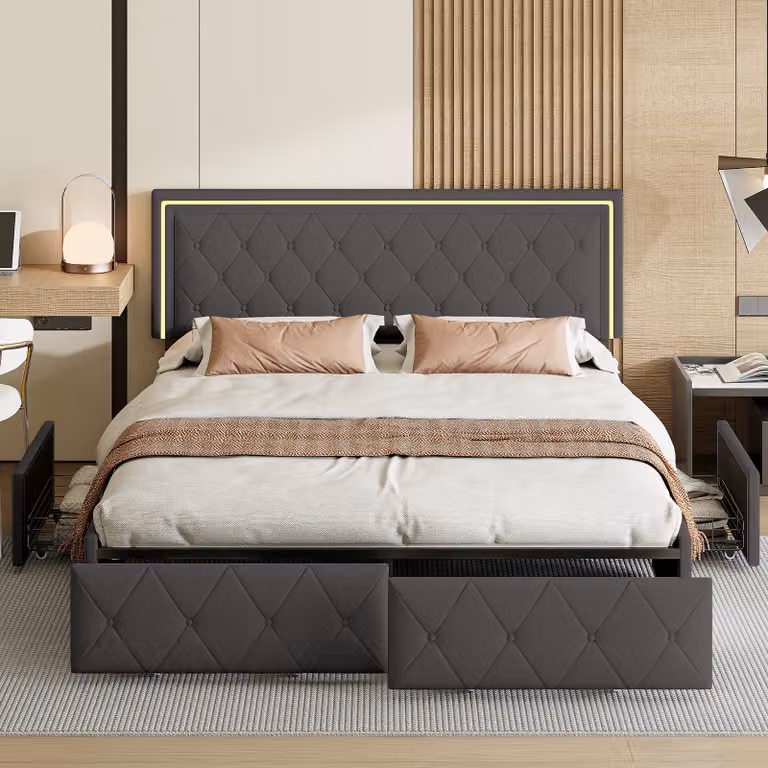 Letto matrimoniale per adulti con illuminazione LED, 4 cassetti, 140 x 200 cm, grigio PU