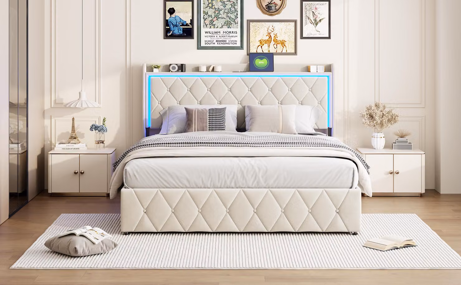 Letto idraulico 140x190 cm in velluto beige, contenitore sulla testata, luce LED, porta USB + Type-C, design moderno e confortevole