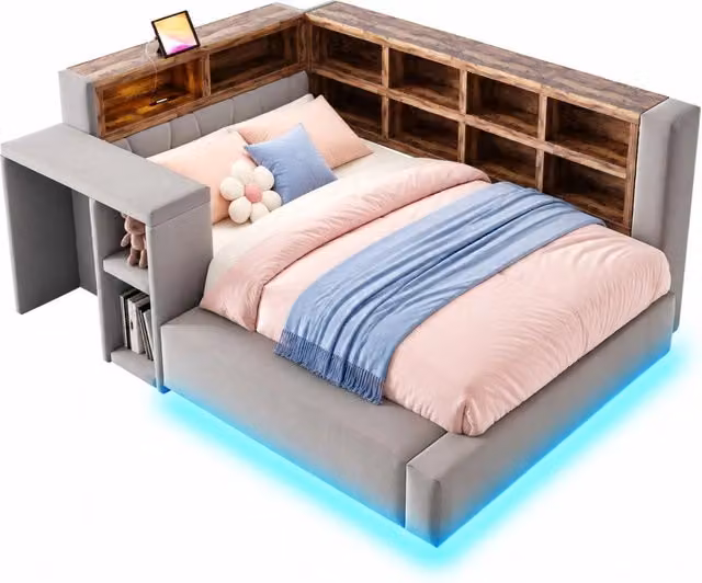 Letto singolo imbottito Chicfurn in tessuto grigio con testiera dotata di ripiani, illuminazione LED, porte USB e tavolino, L/P/H: 90 x 200 cm
