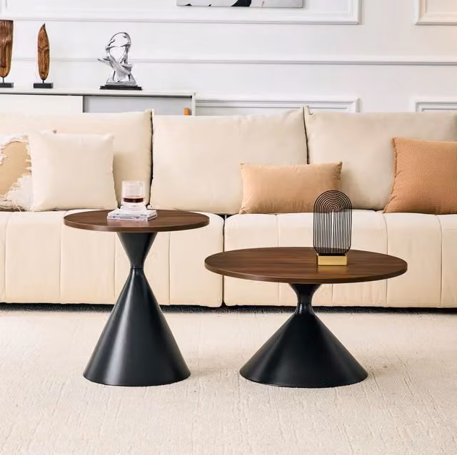 Set di 2 tavolini da caffè impilabili noce e nero, Ø70/50 cm