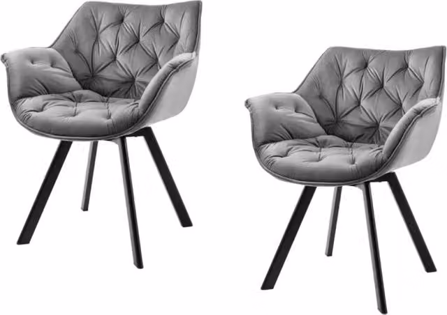 Set di 2 sedie design COMFY girevoli a 180° in velluto grigio trapuntato e gambe nere