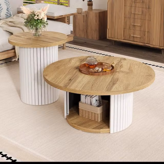 Set di 2 tavolini bassi rotondi OKWISH in stile scandinavo con vani contenitore, colore beige e marrone, in MDF laminato opaco per soggiorno