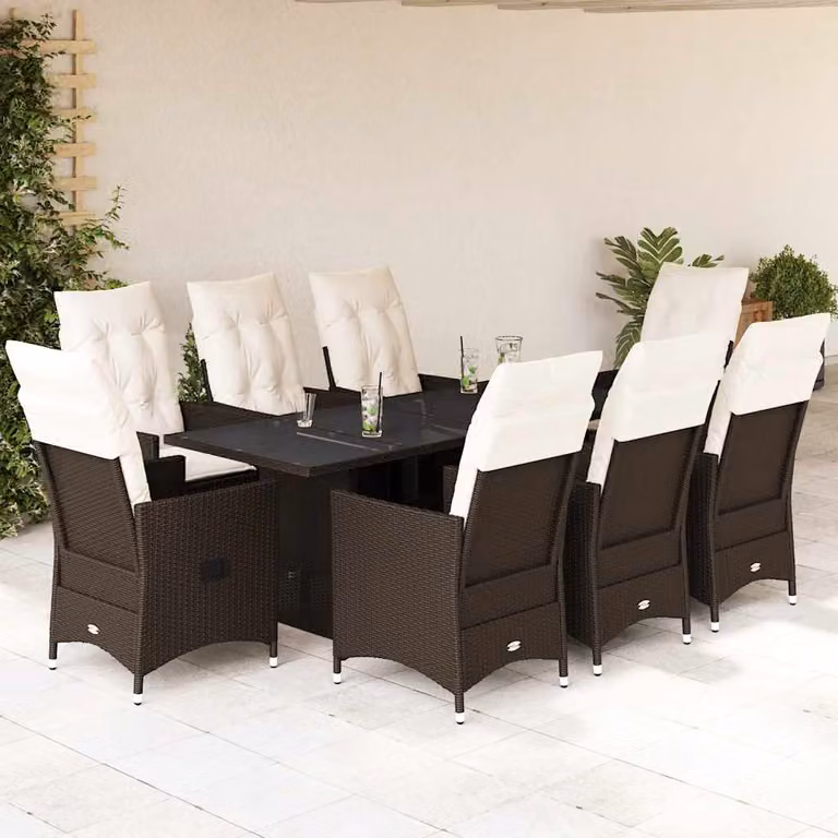 Set da pranzo da giardino vidaXL in polyrattan marrone con 9 pezzi e cuscini bianchi