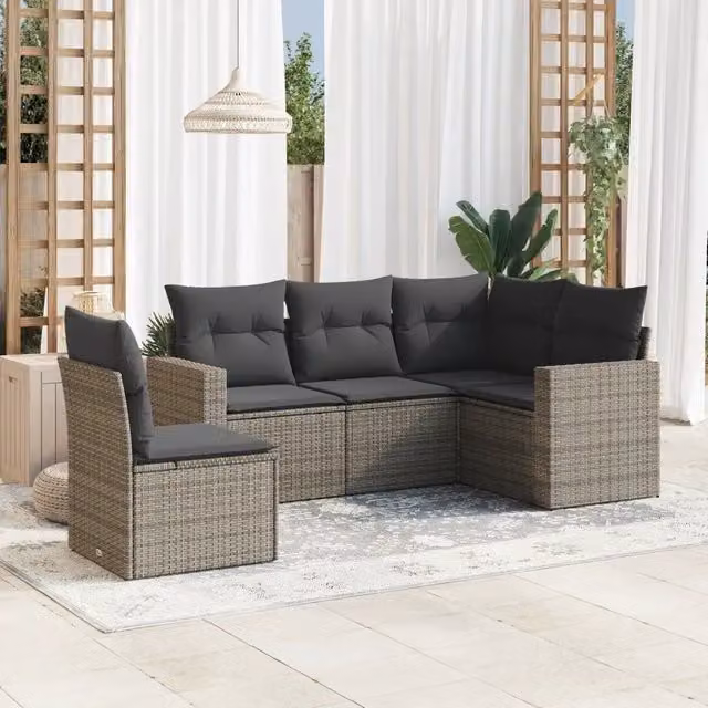 Set Divano da Giardino a L VIDAXL in Polyrattan Grigio con 5 Cuscini Moderno