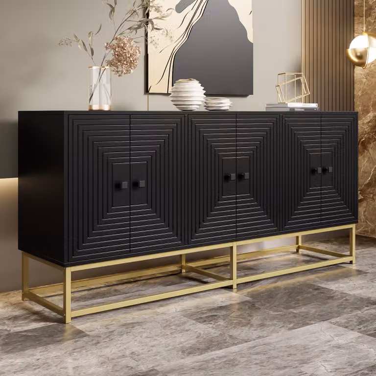Credenza moderna Merax in nero con superficie opaca, mobile contenitore con 3 ante doppie, cassettiera con ampio spazio, gambe dorate