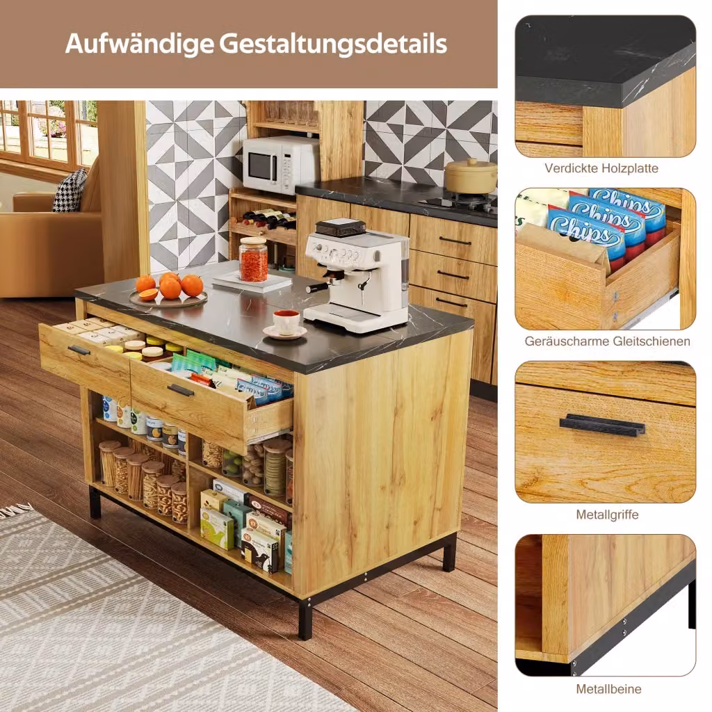 Isola da cucina in stile country REDOM in MDF e metallo, Colore Nero e Naturale, L: 120 cm, P: 75 cm, H: 90 cm – 2