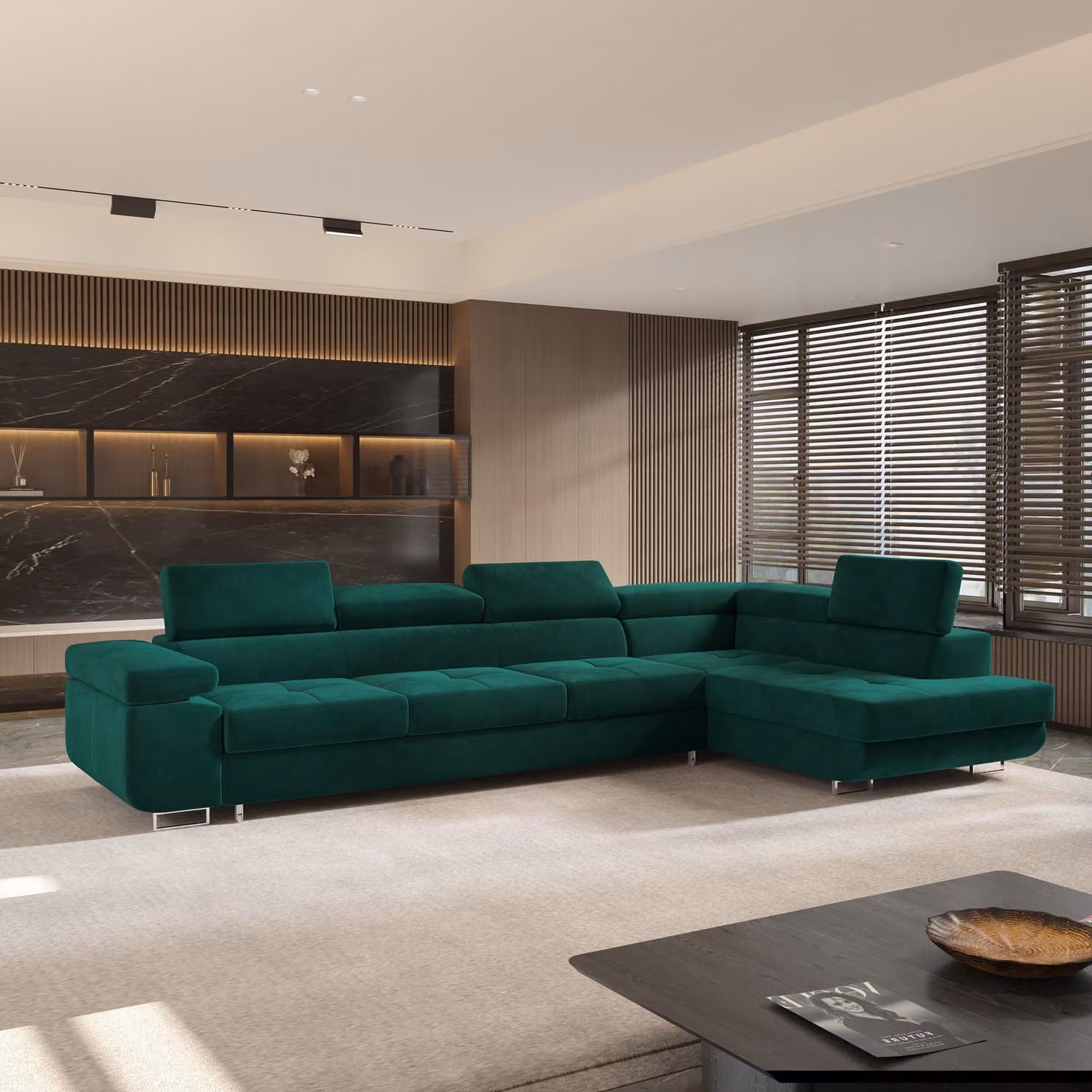 Divano angolare VICENTE di Masseno con funzione letto a L, divano con box letto, divano da salotto, divano, divano, divano letto, set di divani - verde, MONOLITH 37