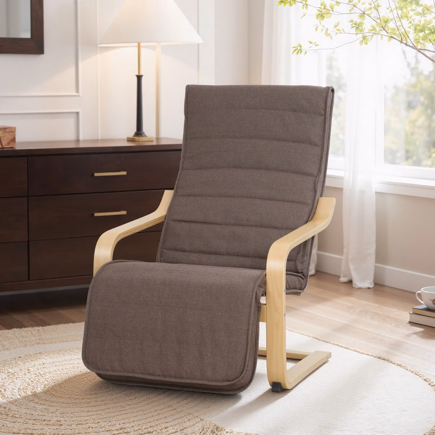 Poltrona relax HOMCOM con poggiapiedi regolabile e braccioli, rivestita in tessuto, colore marrone, L/P/H: 66,5 x 94 x 100 cm – 2