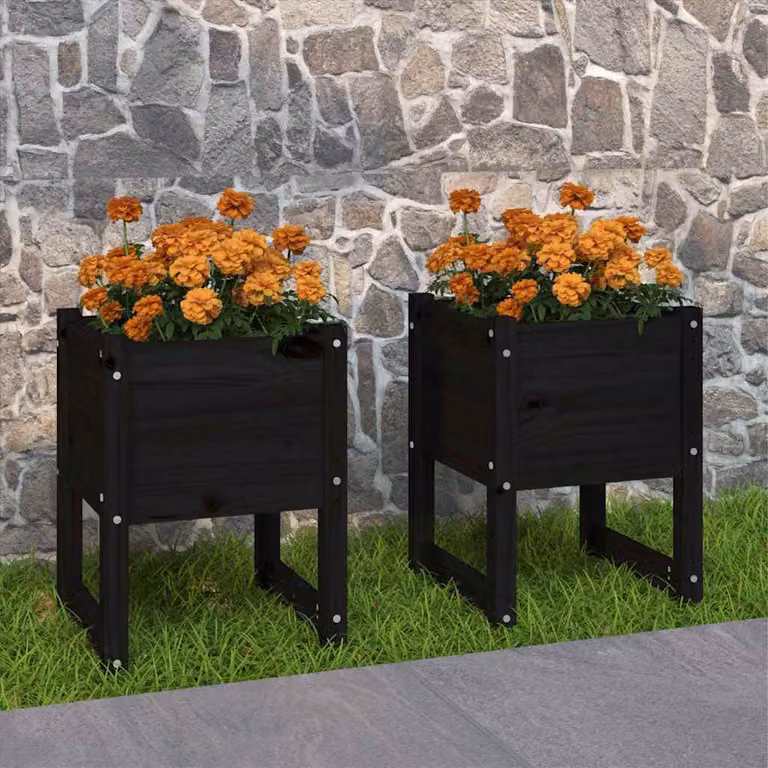 Set di 2 fioriere vidaXL in legno di pino massello, colore nero, L 40 cm x P 40 cm x H 52,5 cm