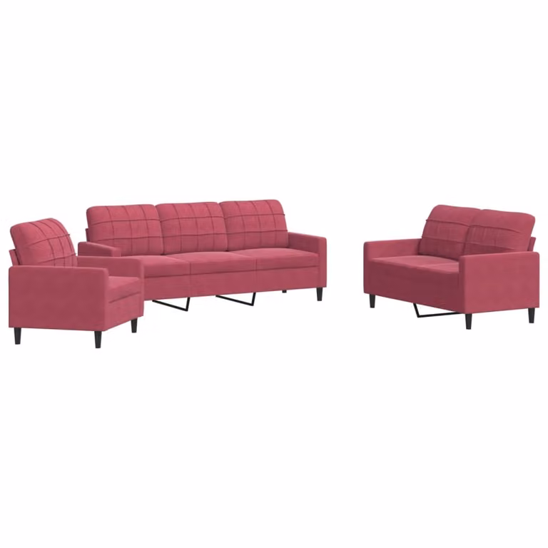 Set di Divani 3 pz con Cuscini Rosso Vino in Velluto