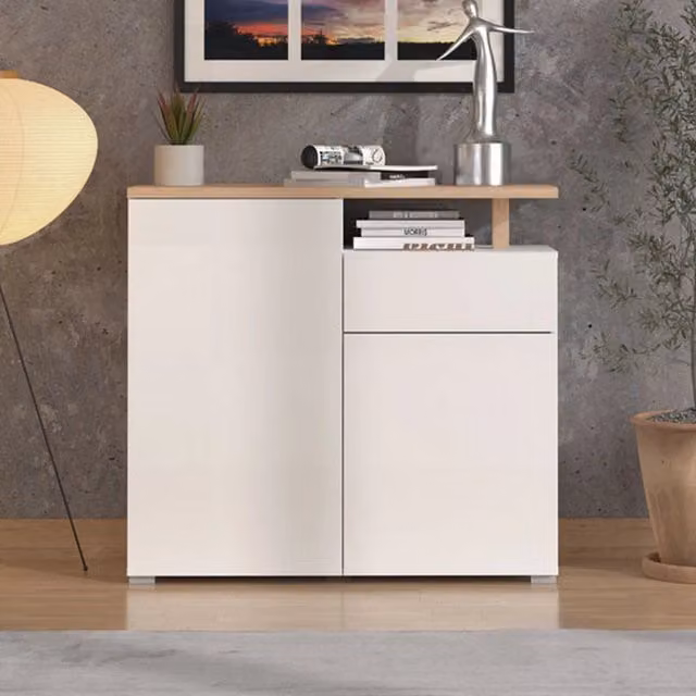 Madia Levate DMORA con un cassetto, design moderno, Bianco e Brown, L: 102.5 cm, P: 40 cm, H: 94 cm – 1