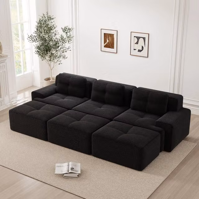 Divano modulare MIVRAY a 3 posti in velluto a coste nero con funzione letto e seduta profonda 74 cm