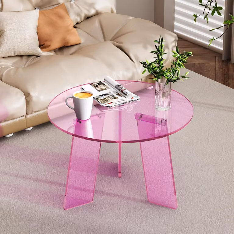 Tavolino rotondo in acrilico, colore rosa, dimensioni 60x60x40 cm
