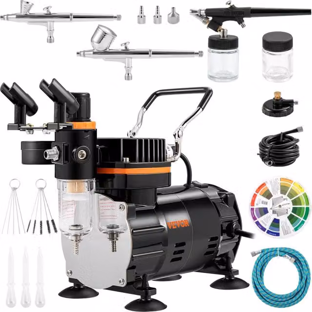 Kit Compressore con Aerografo a Doppia Azione 120W Flusso 18-23 L/min Ugelli 0.2 0.3 0.8 mm per Fai da Te e Bricolage