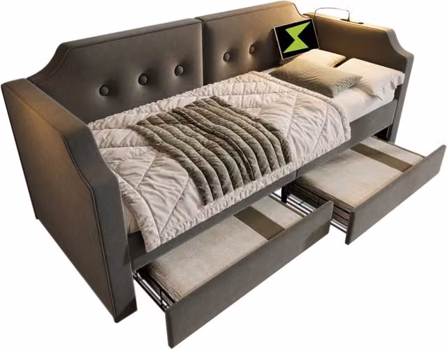 Letto singolo moderno in velluto grigio con 2 cassetti, porta USB, luce da lettura e mensola integrata, L/P/H: 90 x 200 cm