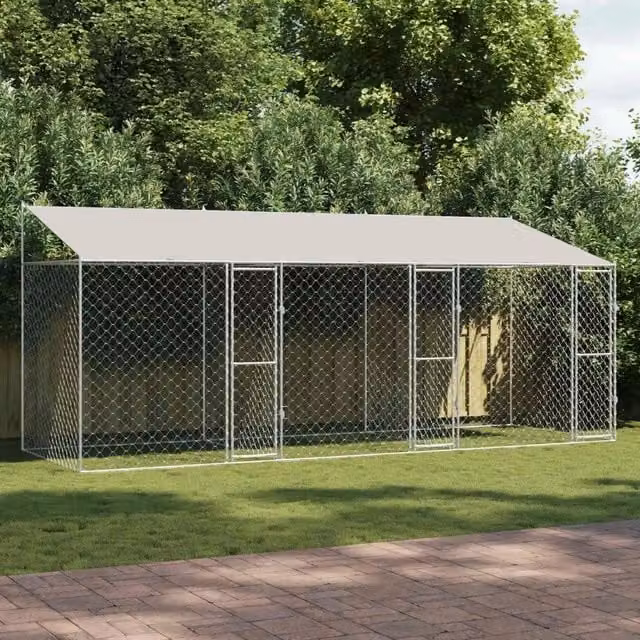 Gabbia per cani vidaXL in metallo con tetto resistente alle intemperie, colore argento, L: 600 cm, P: 200 cm, H: 256 cm – 1
