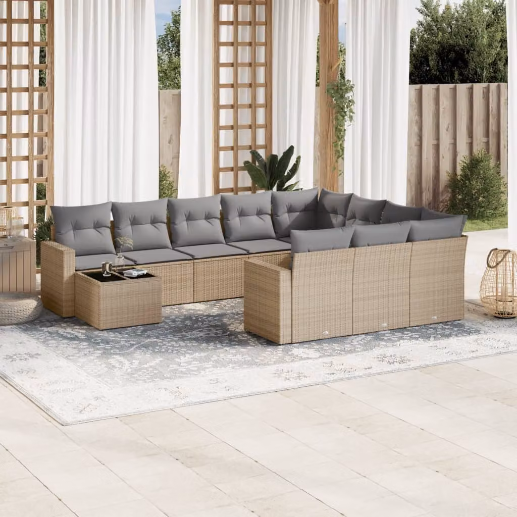 vidaXL Set Divani da Giardino 11 pz a Forma di L con Cuscini Beige e Tavolino in Polyrattan e Acciaio