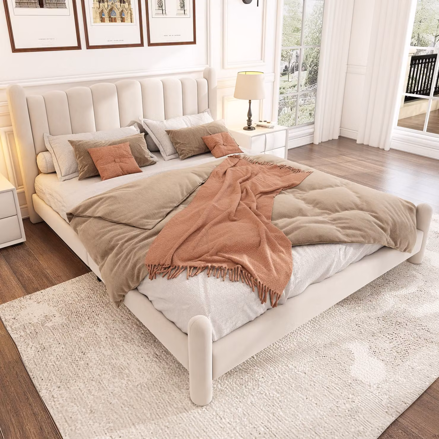 Letto imbottito MODFU 180 x 200 cm con rete a doghe, letto matrimoniale per ragazzi con testiera a ventaglio e gambe di sostegno cilindriche, letto classico per ragazzi, velluto beige (senza materasso)