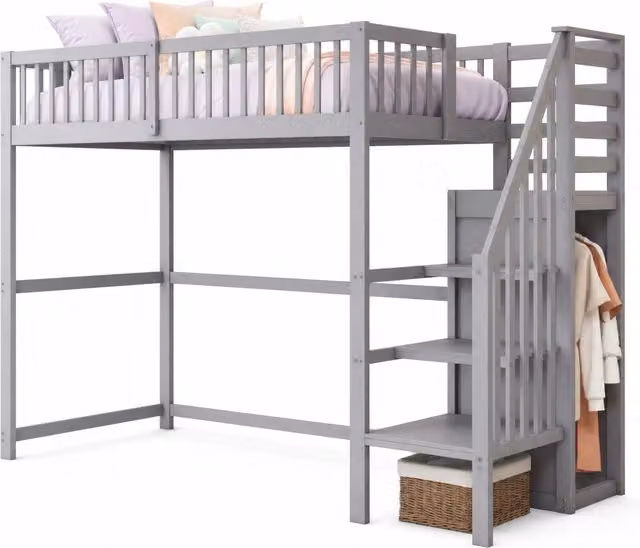 Letto a soppalco per bambini 90x200 cm con scala e armadio; legno di pino grigio