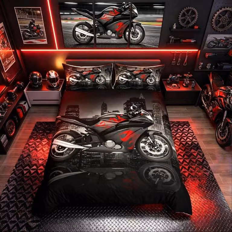 Set di lenzuola con copripiumino a tema motociclette per ragazzi