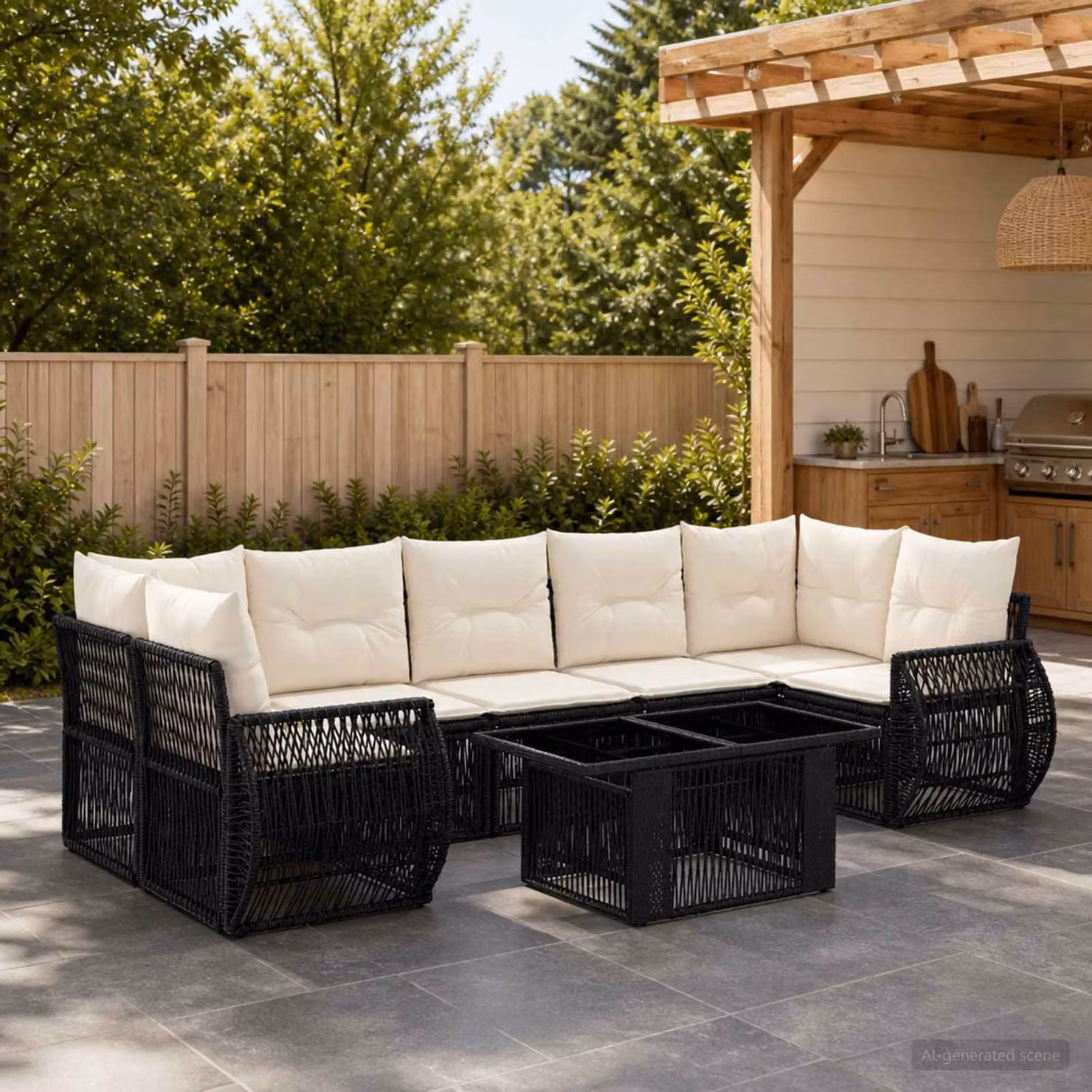 Set Divano da Giardino vidaXL 8 Pezzi in Polyrattan con Cuscini, Colore Nero e Bianco Crema