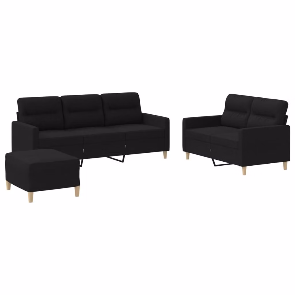 Set di Divani 3 pz con Cuscini Nero in Tessuto