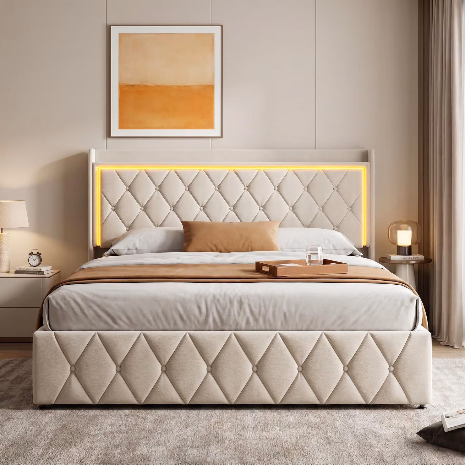 Letto imbottito INONEFT, modello boxspring, 140x190 cm, con illuminazione LED e funzione di ricarica USB, letto per giovani o matrimoniale con rete a doghe, letto con sistema di sollevamento idraulico per lo stoccaggio, rivestito in velluto, colore beige