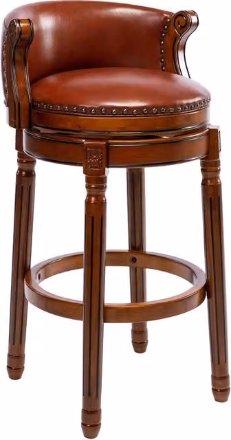 Sgabello da bar in legno color avorio con seduta in pelle bovina, girevole a 360°, altezza 75 cm con schienale