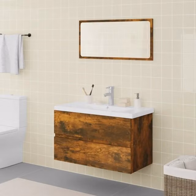 Set di mobili da bagno moderno vidaXL in legno rovere e ceramica, composto da mobile lavabo e armadietto con specchio, colori marrone e bianco, L: 80,0 cm, P: 39,5 cm, H: 45,0 cm