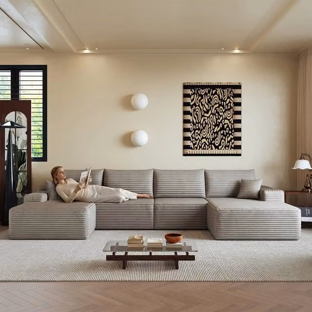 Divano angolare modulare Chaise Longue ¨C Minimal ¨C Velluto color cammello 340cm