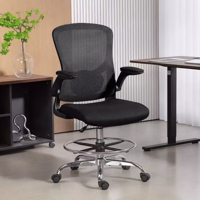 Sedia da disegno ergonomica 60 x 60 x 132 cm in poliestere nero con supporto lombare