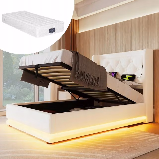 Letto imbottito 90x200 - Xylo - Bianco, idraulico (con materasso)