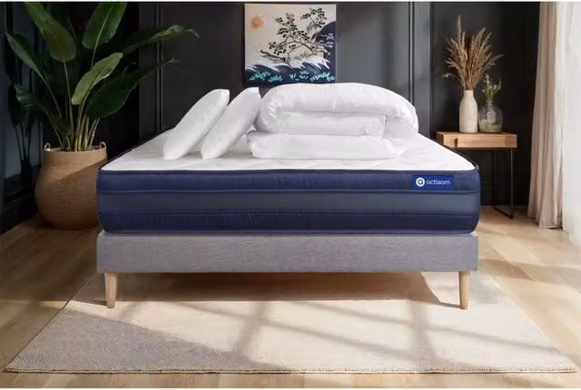 Pacchetto letto completo - Materasso 140x190cm + Box spring con doghe (kit) + 2 cuscini + Piumino - Actilatex Tech