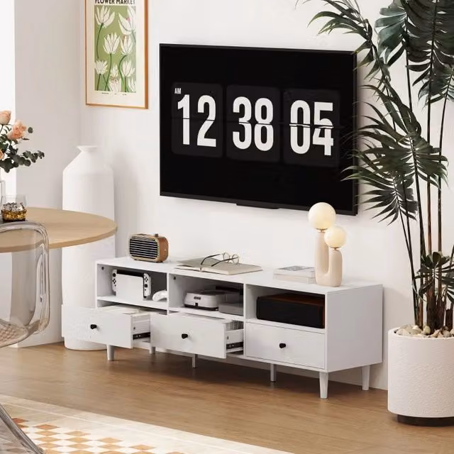 Mobile porta tv con 3 cassetti e 3 vani aperti, passacavi, per soggiorno, in legno, bianco, 140 × 34 × 45 cm