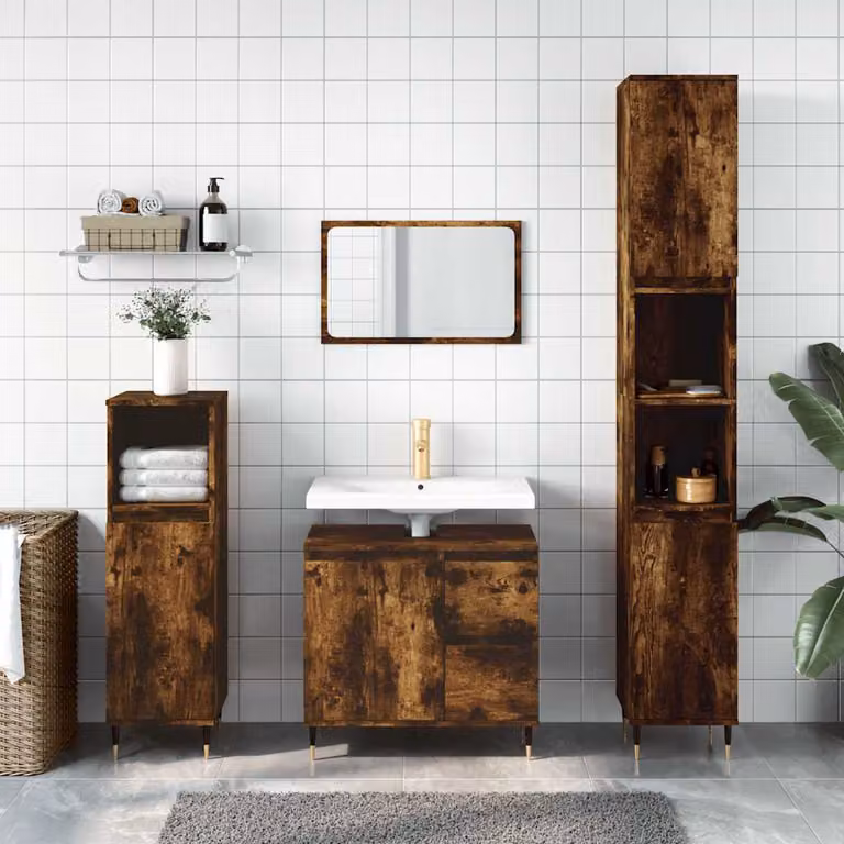 Armadietto da bagno vidaXL in legno Rovere Fumo con ante e ripiani, L/P/H: 65 x 33 x 60 cm