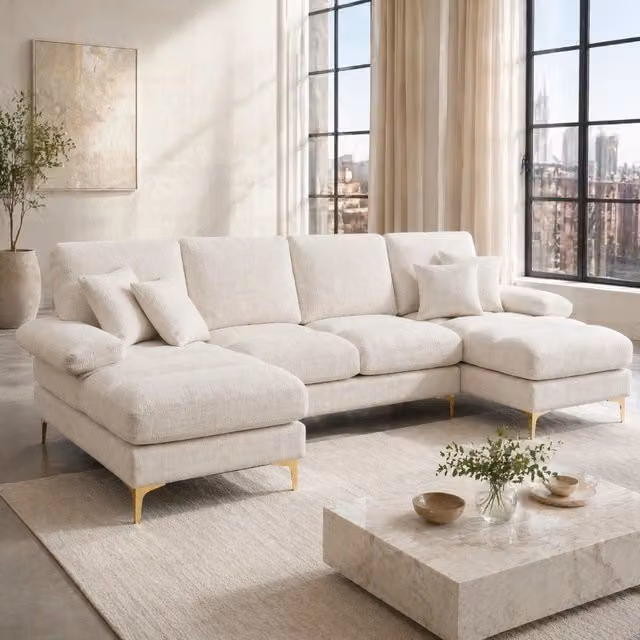 Divano panoramico a U Mivray in tessuto beige con cuscini in schiuma e piedi in metallo L/P/H: 272 x 136 x 88 cm